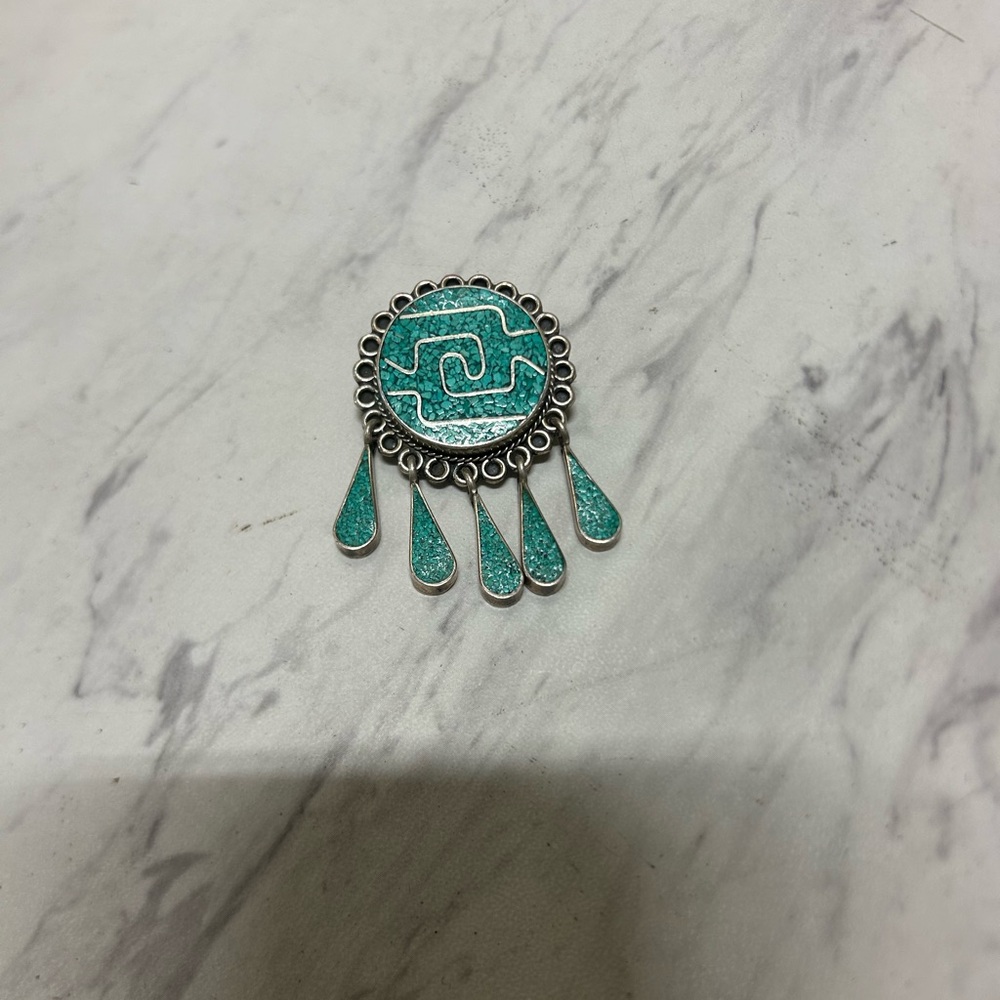 Vintage Southwest Turquoise with 5 Teardrops Alpaca Silver Pendant Brooch Mexico - Picture 2 of 6